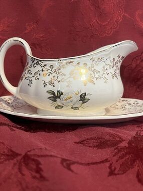 White Porcelain Gravy Boat with Gold Floral Accents and Underplate